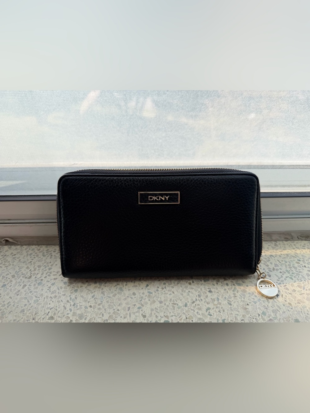 DKNY Black Pebbled Leather Zip-Around Wallet with Logo Plate